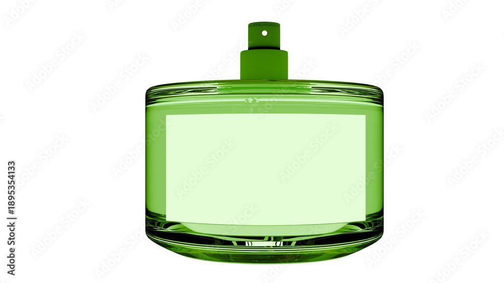 Obraz premium Green glass perfume bottle with blank label, realistic 3D render isolated on transparent background. Minimal cosmetic packaging mockup for branding, fragrance and luxury product design, png