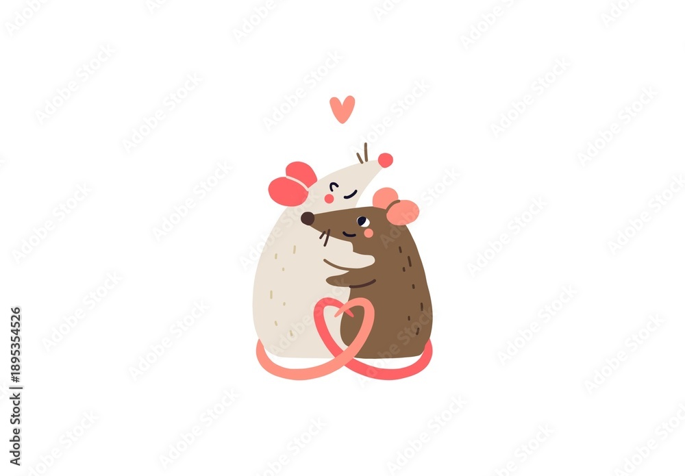 Fototapeta premium A cute illustration of two cartoon mice hugging, with a heart shape formed by their tails, symbolizing love and affection.