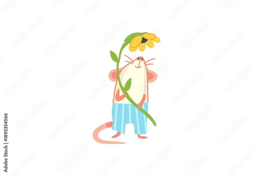 Obraz premium An illustration of a cute mouse wearing striped pants, holding a sunflower stalk. The playful and colorful design brings a whimsical and joyful feel, perfect for nature and character-themed projects.