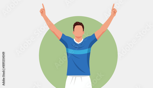A young man celebrates with arms raised in triumph, wearing a blue shirt and white pants, simple illustration style, against a plain background.