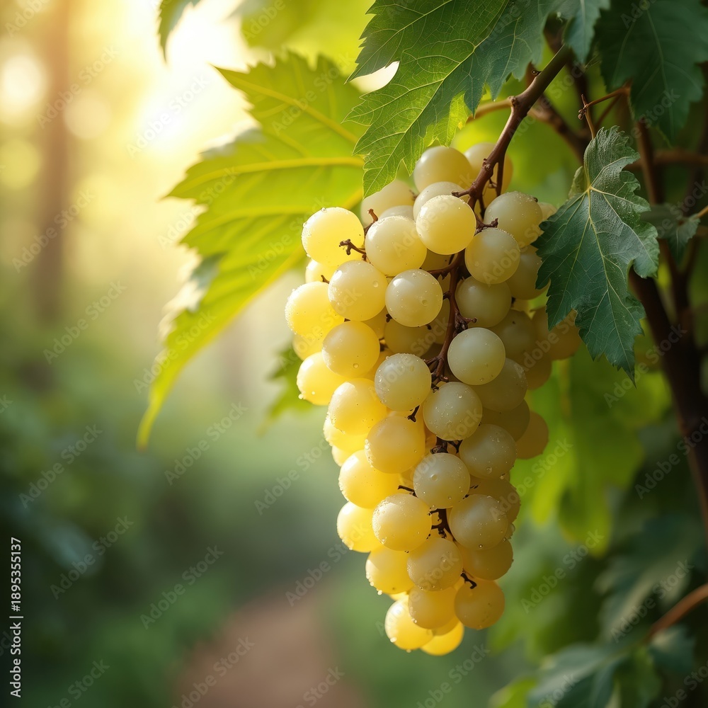 Naklejka premium Ripe white grapes hang from vine with green leaves. Water drops on berries in soft morning sunlight. Healthy fruit on blurred forest background.