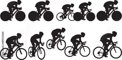 Silhouette of cyclists in various riding positions and movements
