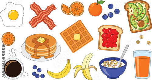 Delicious breakfast spread with eggs, bacon, pancakes, and fresh fruit