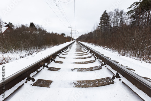 Canvas Print Snow-covered railway tracks extend toward the horizon, flanked by bare trees
