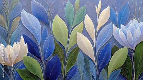 Stylized botanical forms showcase vivid blue, green, and cream hues in an abstract pattern