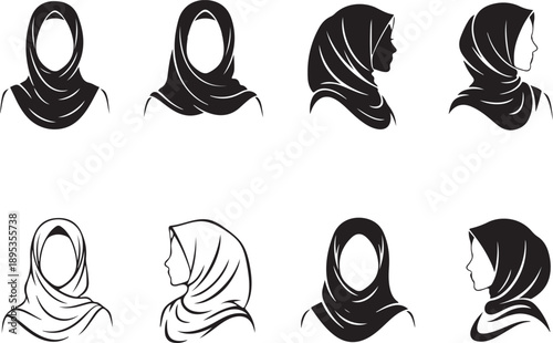 Muslim woman hijab headscarf vector icons and silhouettes set
