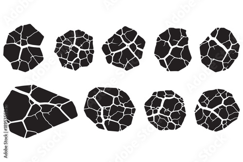 A collection of black cracked shapes on a white background