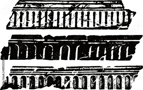 Ancient roman architectural ruins three distinct fragmented colonnades with columns and entablatures
