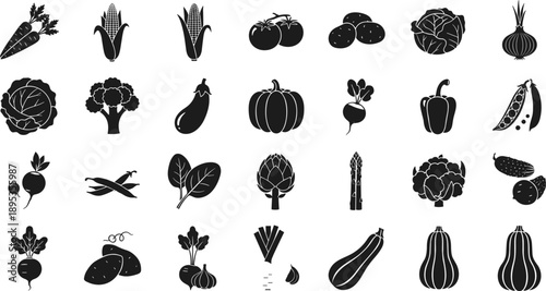 Variety of fresh vegetables and fruits in black silhouette style