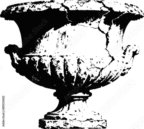 Ancient cracked stone urn with ornate curved handles, weathered antique garden decoration