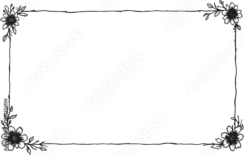 Decorative floral frame with hand drawn flower corners and delicate outline border