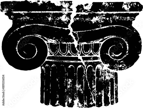 Ancient ionic column capital with volutes and fluted shaft, distressed black and white design