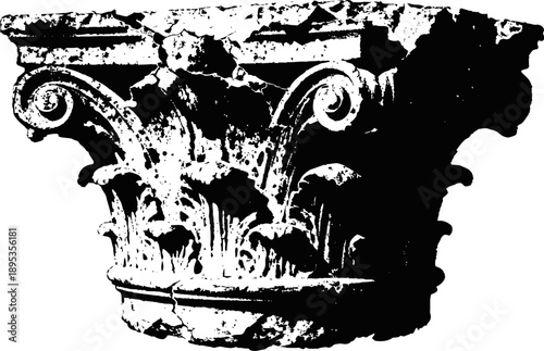 Ancient corinthian architectural capital with detailed acanthus leaves and volutes in black and white