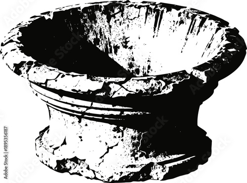 Ancient cracked stone basin with weathered texture, circular vintage carved design