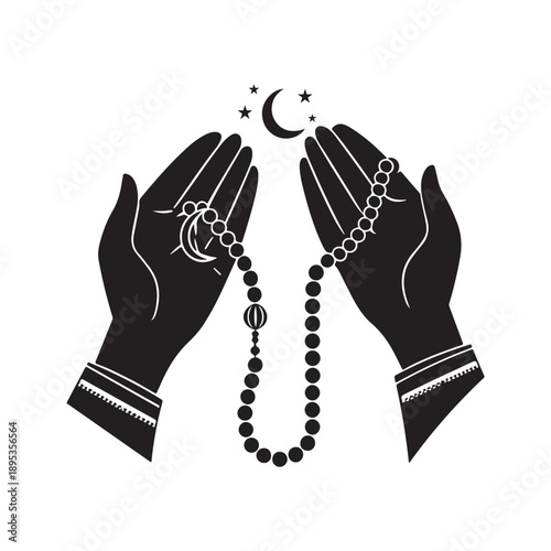 Black Silhouette of Praying Hands with Tasbih – Minimal Islamic Icon Flat Vector.