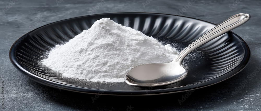 Fototapeta premium White powder on a black plate with a plastic spoon for muscle-building supplement commercial display, top view of protein product
