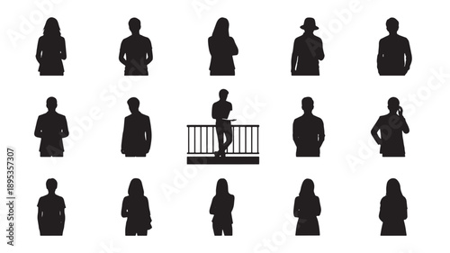 Diverse group of people silhouetted against a white background, standing alone or in various poses, with one person on a balcony, viewed from the front