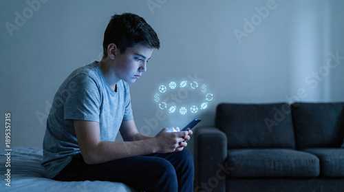Teen boy sitting on bed using smartphone, surrounded by digital sports betting icons, highlighting youth gambling risks.