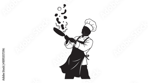 A chef in uniform tosses ingredients in a pan with a spatula surrounded by flying food elements in a kitchen environment