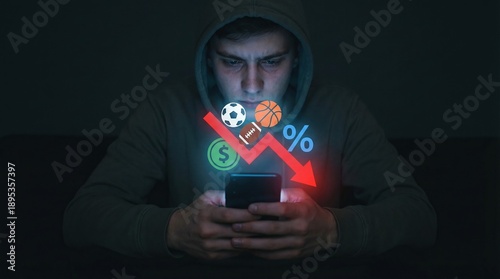 Young man focused on phone screen, surrounded by sports betting icons and financial loss graph, indicating gambling addiction.