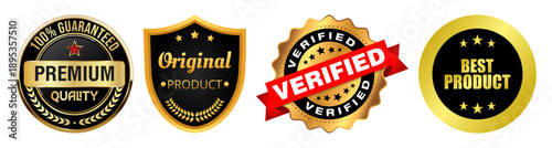 Collection of four premium quality assurance and verification badges including 100% guaranteed, original product, verified, and best product seals.