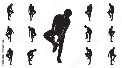 Multiple silhouettes of a male figure in various dynamic yoga poses displayed around a central large figure performing a challenging balancing act