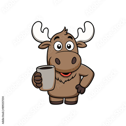 A cheerful cartoon moose stands proudly holding a steaming mug of hot coffee