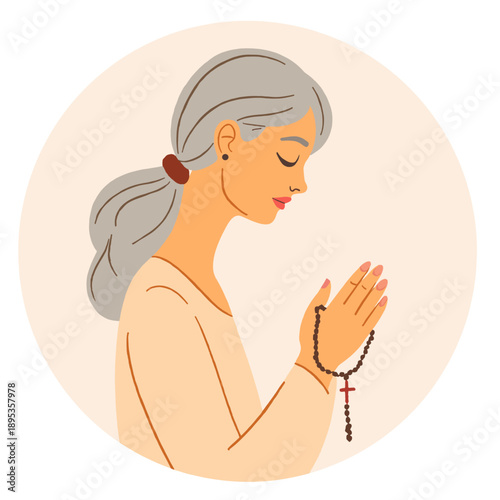 Elderly woman praying with rosary beads in a serene setting. Elderly set