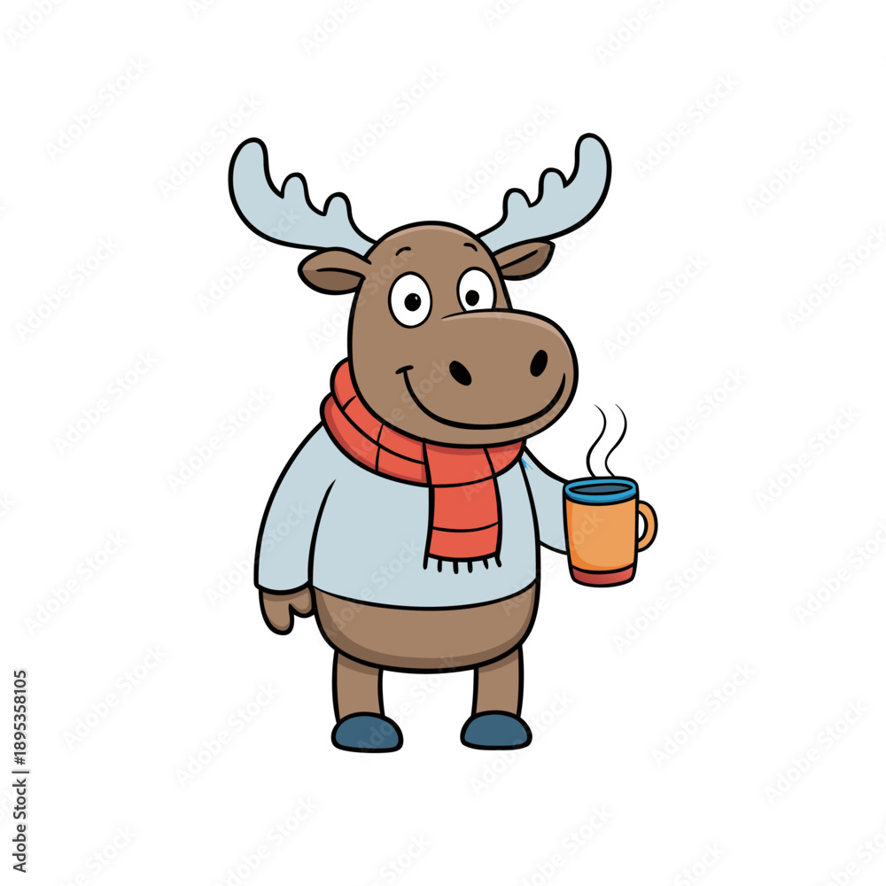 Fototapeta premium A friendly cartoon moose wearing a cozy scarf and holding a warm steaming mug