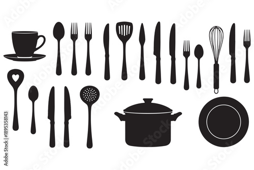 A collection of black silhouettes of kitchen utensils and dishes on a white background