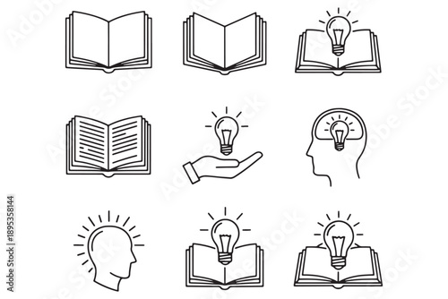 A collection of black and white icons representing ideas and knowledge with books and lightbulbs