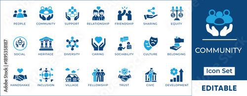 Community, Diversity and Social Inclusion Icon Set - Modern Blue Vector Symbols for Civic, Welfare and Teamwork