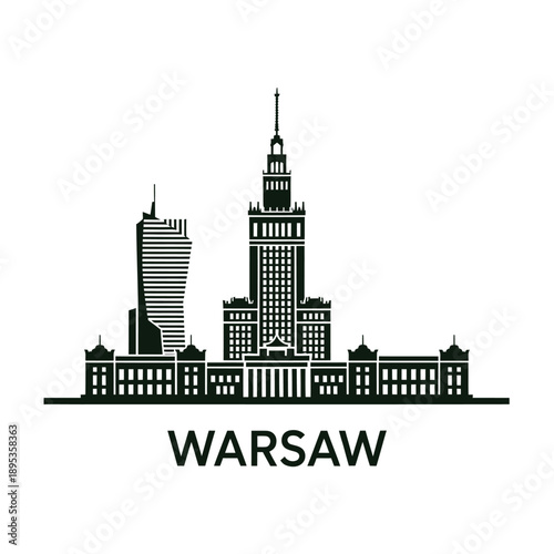 Warsaw skyline silhouette with palace of culture and science prominent