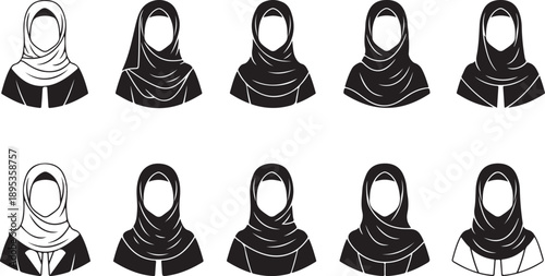 Muslim woman avatar icon set with various hijab styles, flat vectors