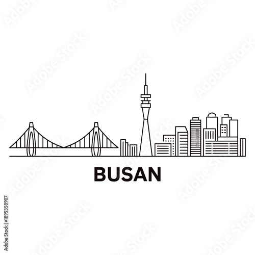 Linear cityscape illustration of busan south korea with prominent landmarks