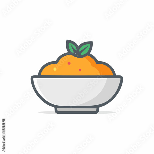 Orange Puree in Bowl with Green Leaves Appetizing Food Presentation on White