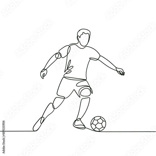 Minimalist line drawing depicts a soccer player dribbling a ball