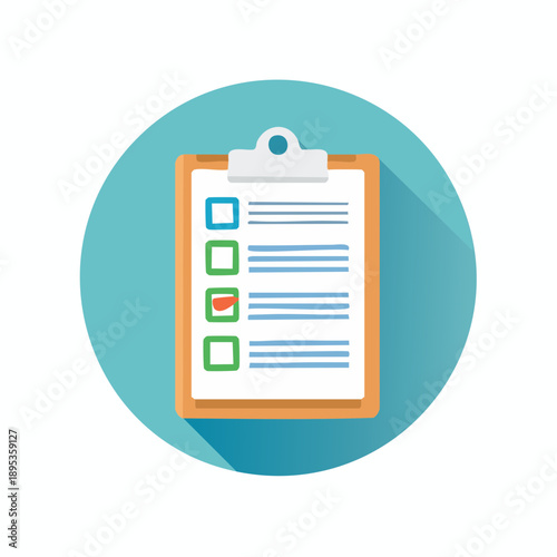 Checklist clipboard with partially completed tasks against a blue circle background with a long shadow