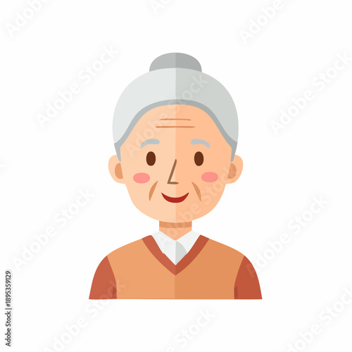 Elderly woman with neat gray hair, cartoon illustration in warm colors and friendly smile for character design