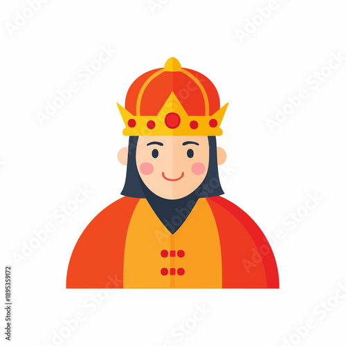 Cartoon king character with crown and royal robe illustration, vector portrait of monarch in traditional attire, fairytale noble, stylized figure of sovereign