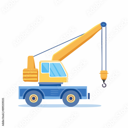Cartoon mobile crane yellow and blue construction machine moving heavy loads