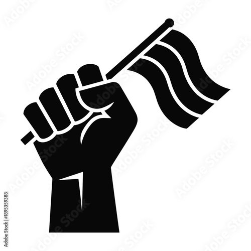 Raised Fist Holding Flag Icon Black and White Protest Freedom Vector Illustration