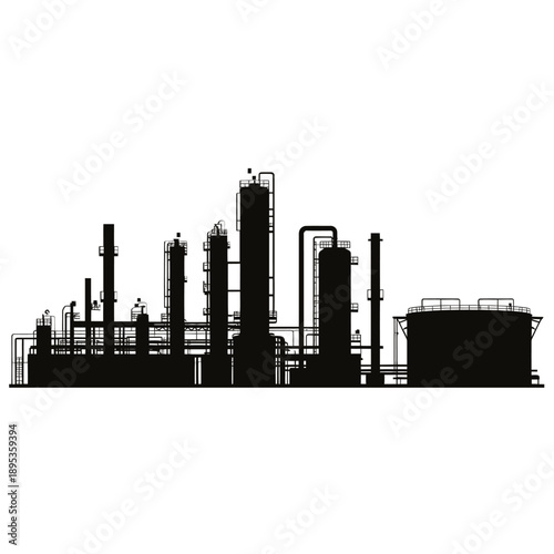 Silhouetted industrial complex depicting oil refinery structures against white
