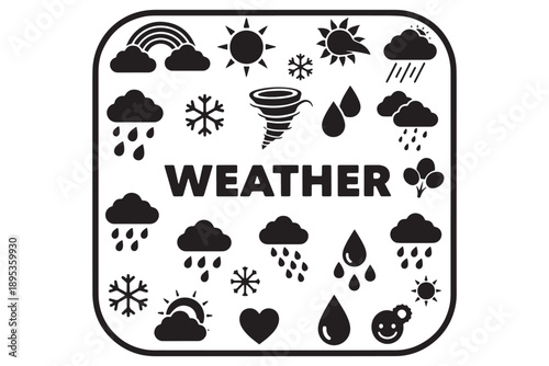 A graphic illustration of various weather icons and symbols surrounding the word weather.