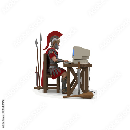 Roman soldier in full armor using a vintage computer.
