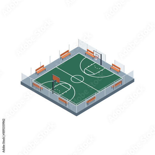 Isometric Basketball Court Illustration with Fencing and Benches.