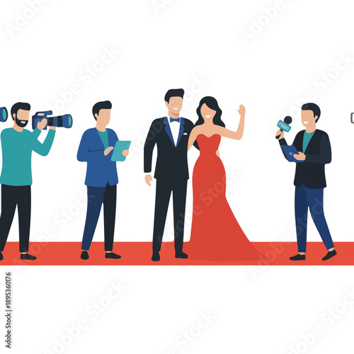 Celebrity couple on red carpet with paparazzi and reporters.