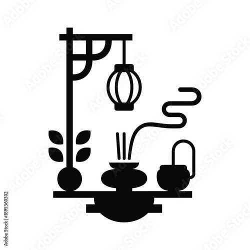 Asian Tea Ritual Lantern and Teapot Icon Black and White Minimal Vector Illustration