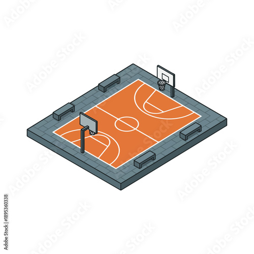 Isometric Basketball Court Illustration with Hoops and Markings.