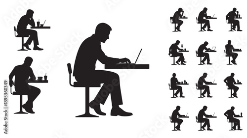 Silhouetted man working on laptop at desk in various poses and viewpoints from different angles and perspectives